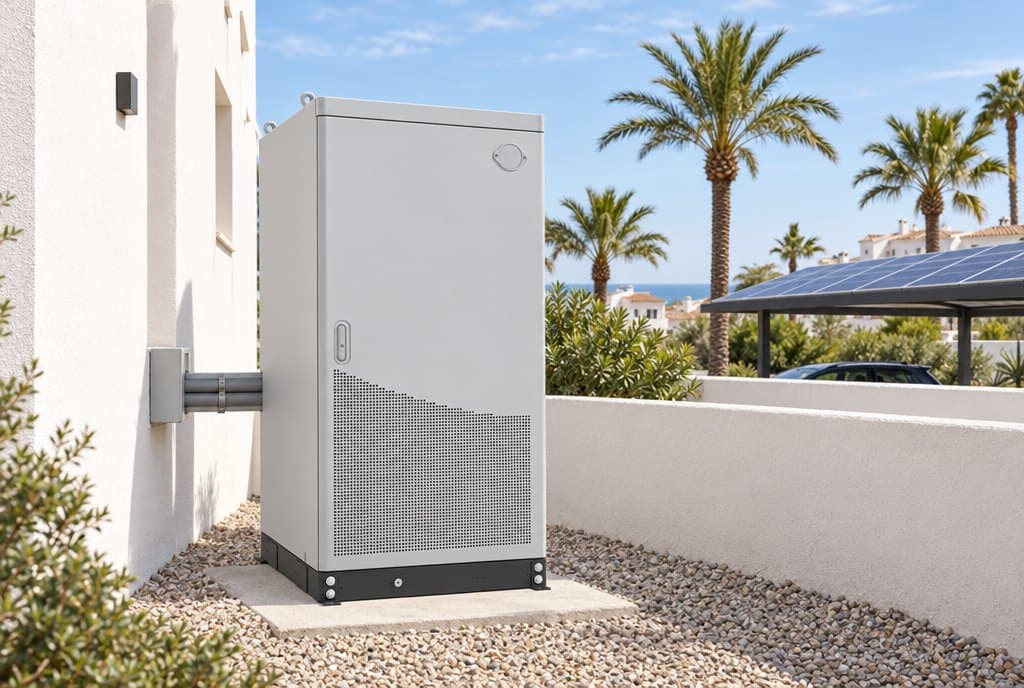 Een grijze batterijkast achter een wit hotel aan de kust, met palmbomen en een carport met zonnepanelen