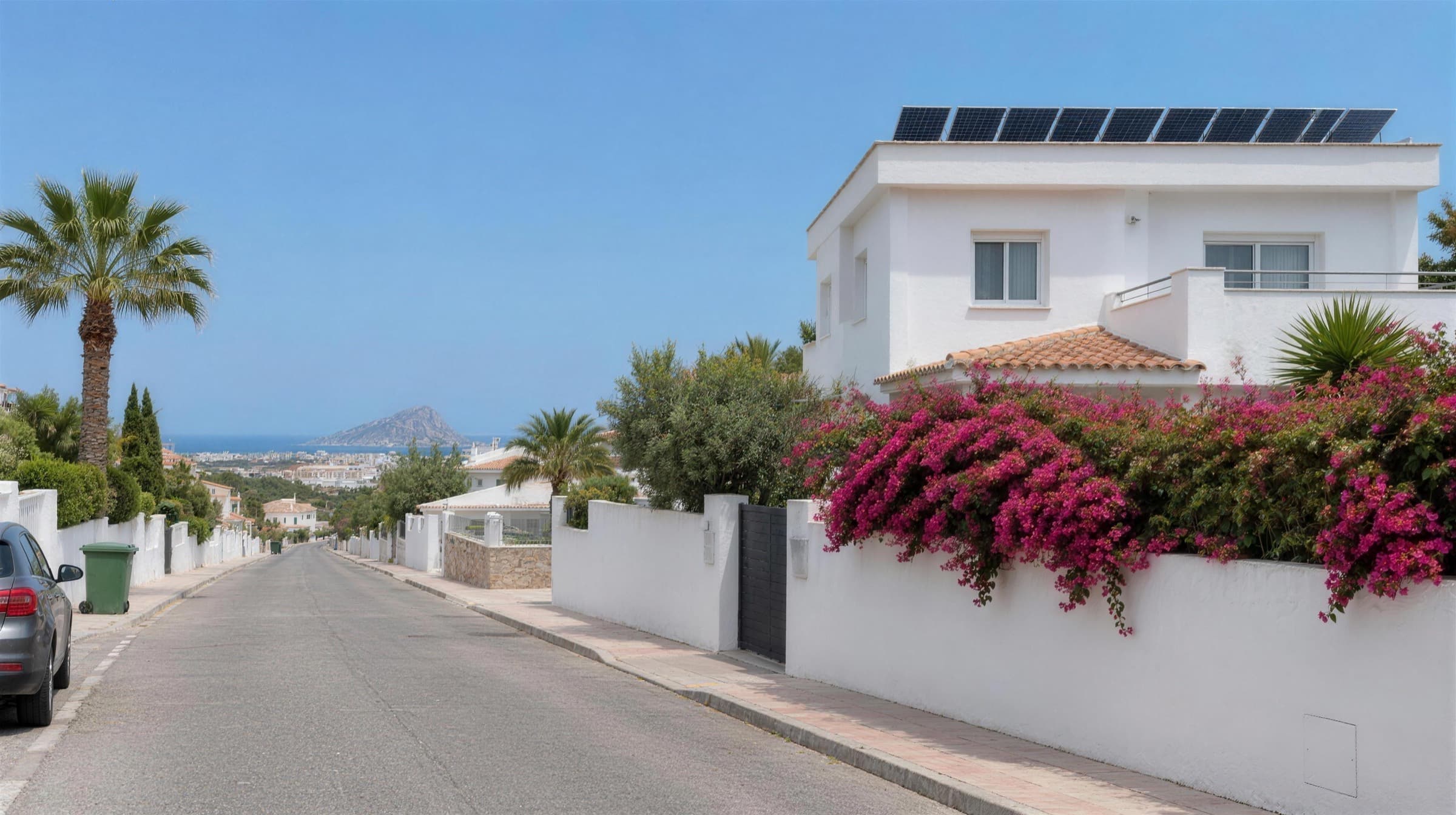 Witte villa met zonnepanelen op het dak, in een straat aan de Costa Blanca met zicht op zee