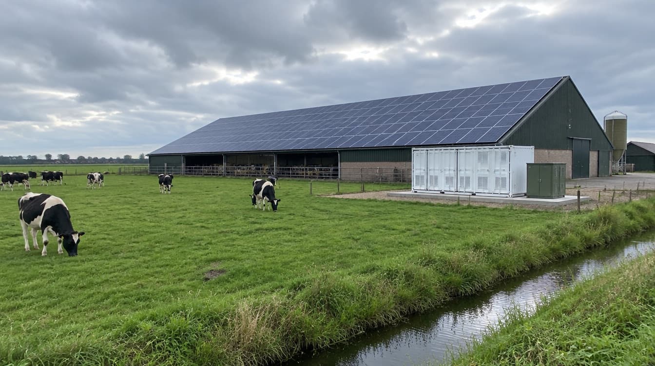 Melkveebedrijf met zonnepanelen op de stal en een batterijcontainer ernaast