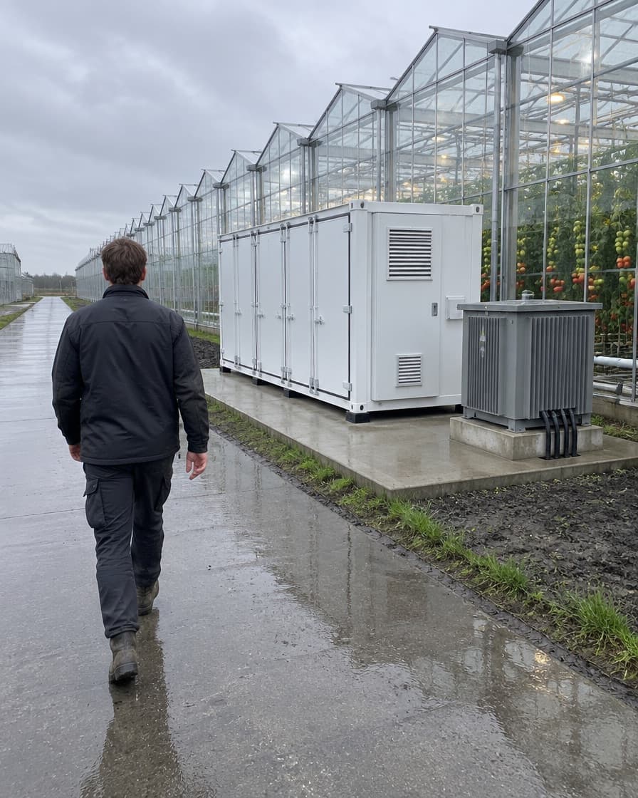 Tomatenkassen in het Westland met een batterijcontainer en transformator ernaast