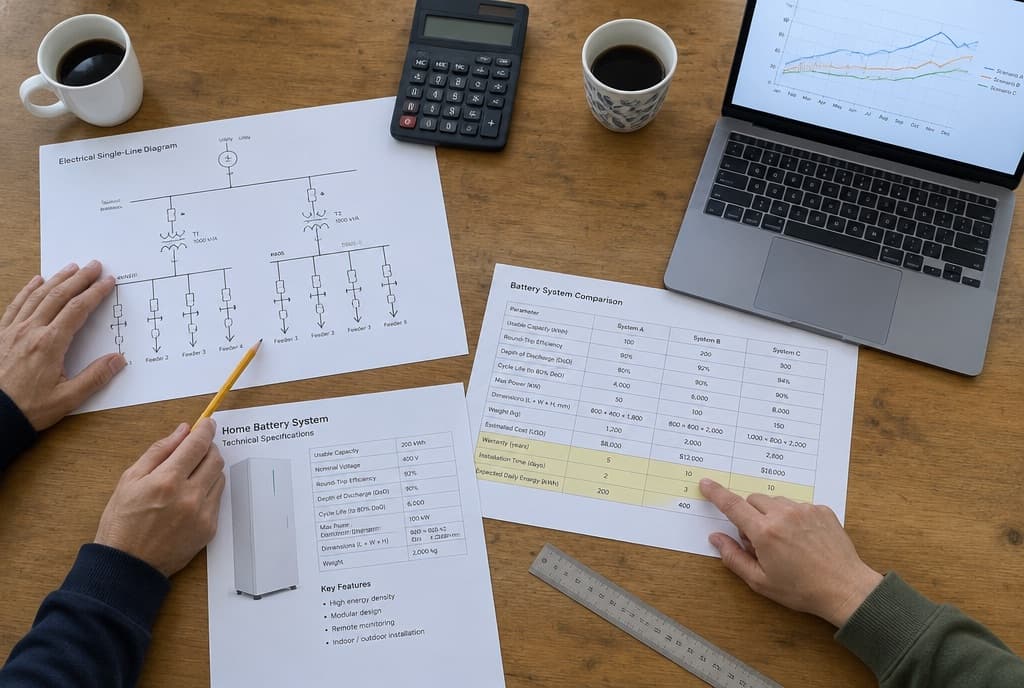 Tafel met elektrische eendraadsschema's en een vergelijkingstabel van batterijsystemen