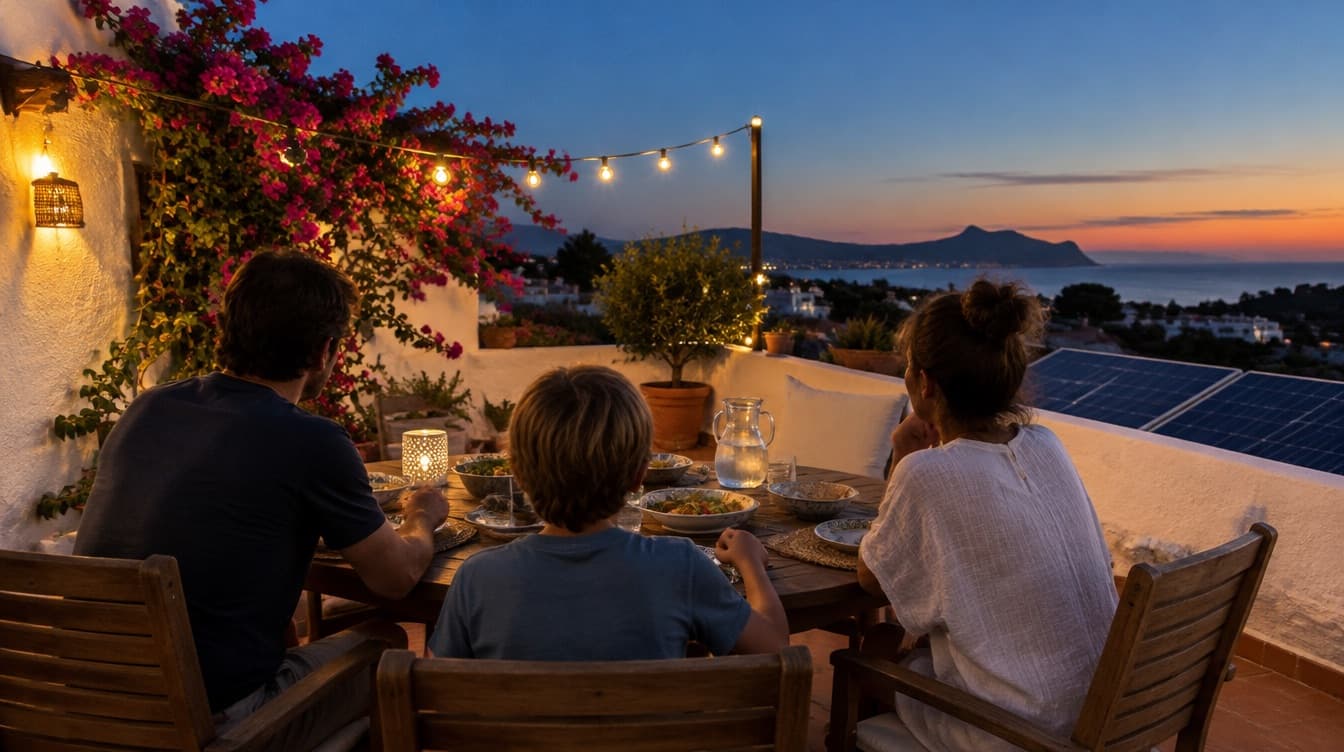 Gezin dat 's avonds eet op het dakterras van een huis met zonnepanelen bij Alicante